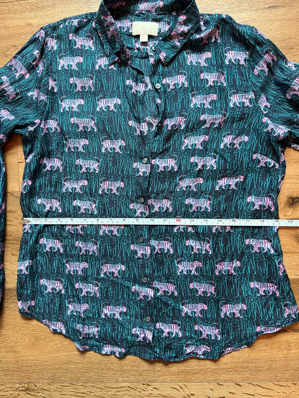 J. Crew Dark Teal Silk Button-Down Shirt with Purple Tiger Print